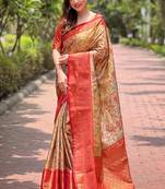 Red woven self design embellished pure silk saree with blouse
