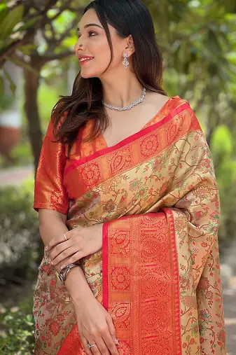 Red woven self design embellished pure silk saree with blouse