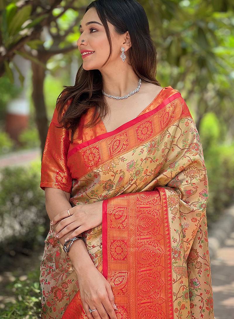 Red woven self design embellished pure silk saree with blouse