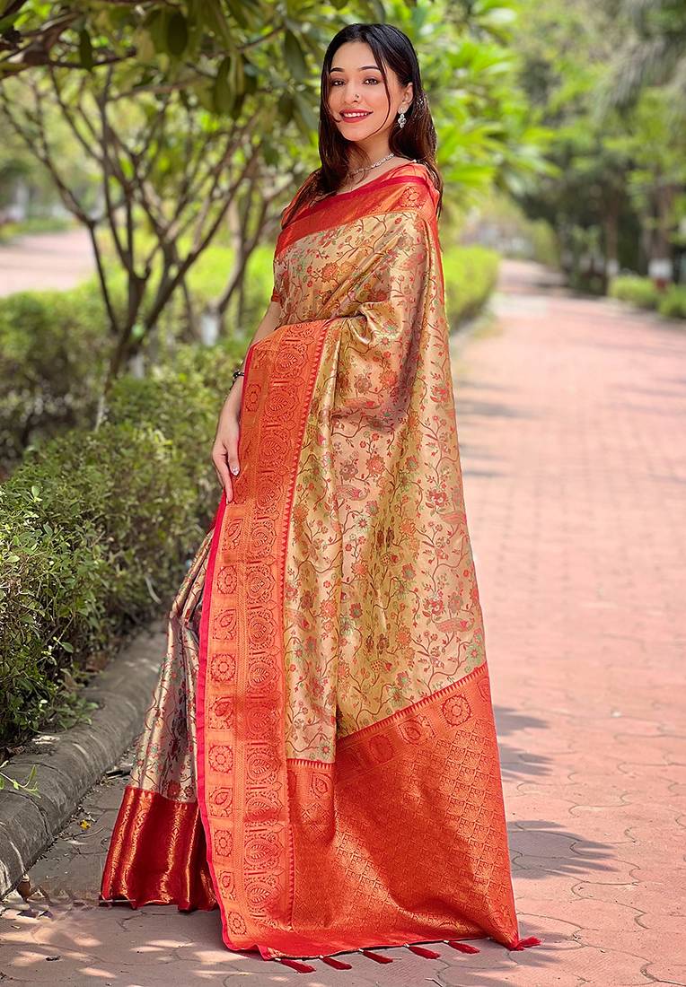 Red woven self design embellished pure silk saree with blouse