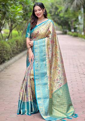 Sky blue woven self design embellished silk blend saree with blouse 1