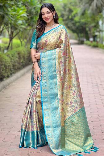 Sky blue woven self design embellished pure silk saree with blouse