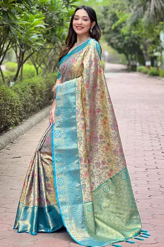Sky blue woven self design embellished pure silk saree with blouse