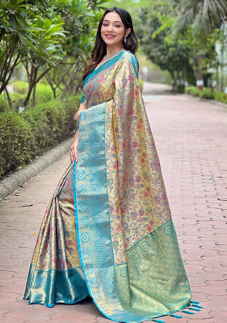 Sky blue woven self design embellished pure silk saree with blouse