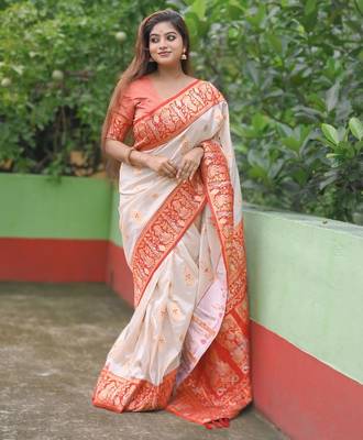 White red woven self design silk blend durga pooja saree with blouse 1