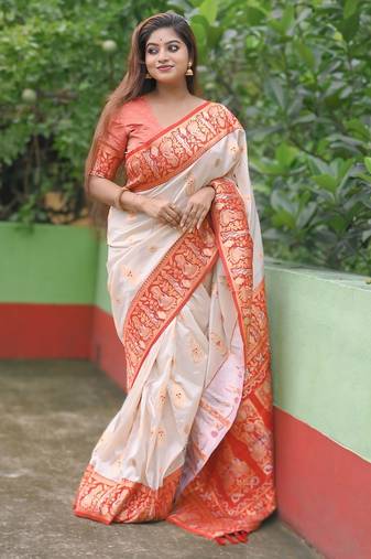 White red woven self design silk blend durga pooja saree with blouse