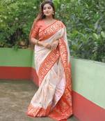 White red woven self design silk blend durga pooja saree with blouse