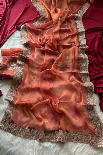 Rust Color embroidery work chiffon saree 