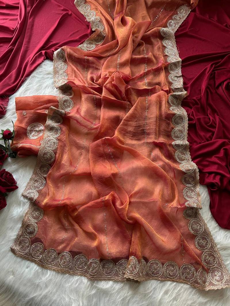 Rust Color embroidery work chiffon saree 