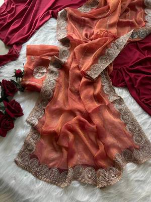 Rust Color embroidery work chiffon saree  2