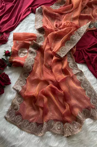 Rust Color embroidery work chiffon saree 