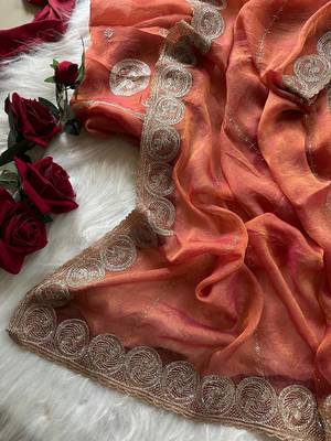 Rust Color embroidery work chiffon saree  3