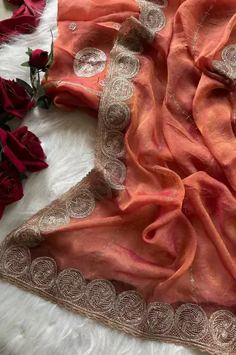 Rust Color embroidery work chiffon saree 