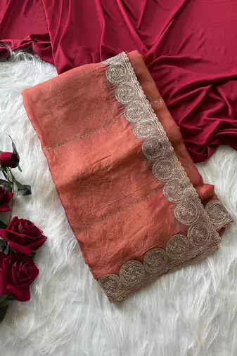 Rust Color embroidery work chiffon saree 