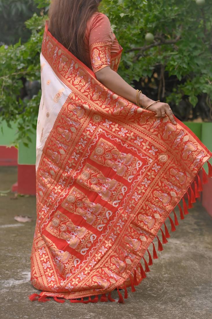 White red woven self design silk blend durga pooja saree with blouse