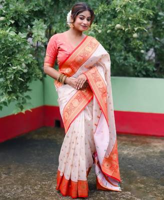 White red woven self design silk blend durga pooja saree with blouse 1