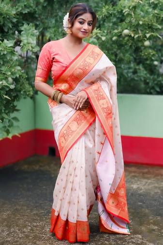 White red woven self design silk blend durga pooja saree with blouse