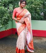 White red woven self design silk blend durga pooja saree with blouse