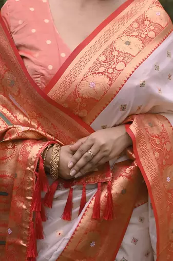 White red woven self design silk blend durga pooja saree with blouse