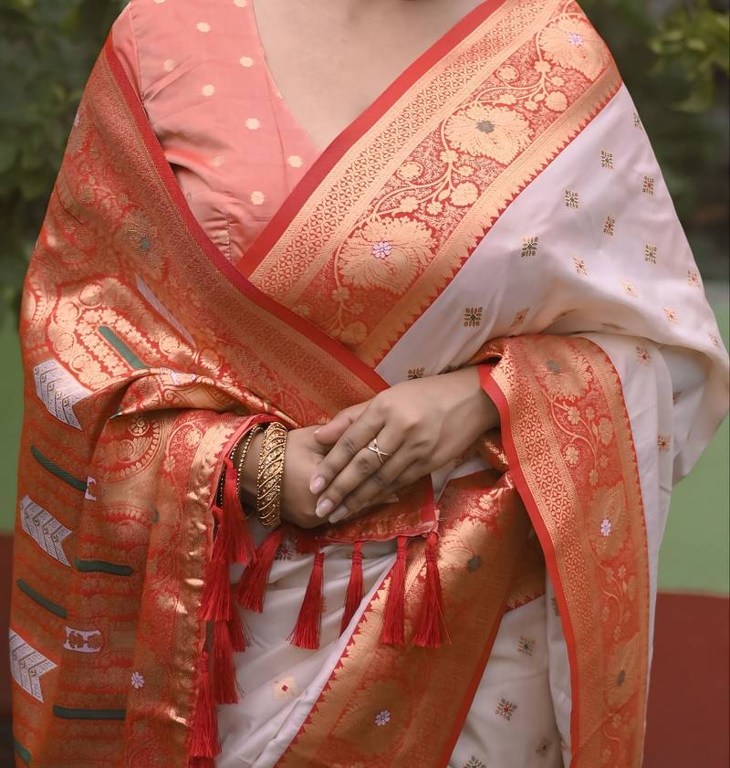 White red woven self design silk blend durga pooja saree with blouse