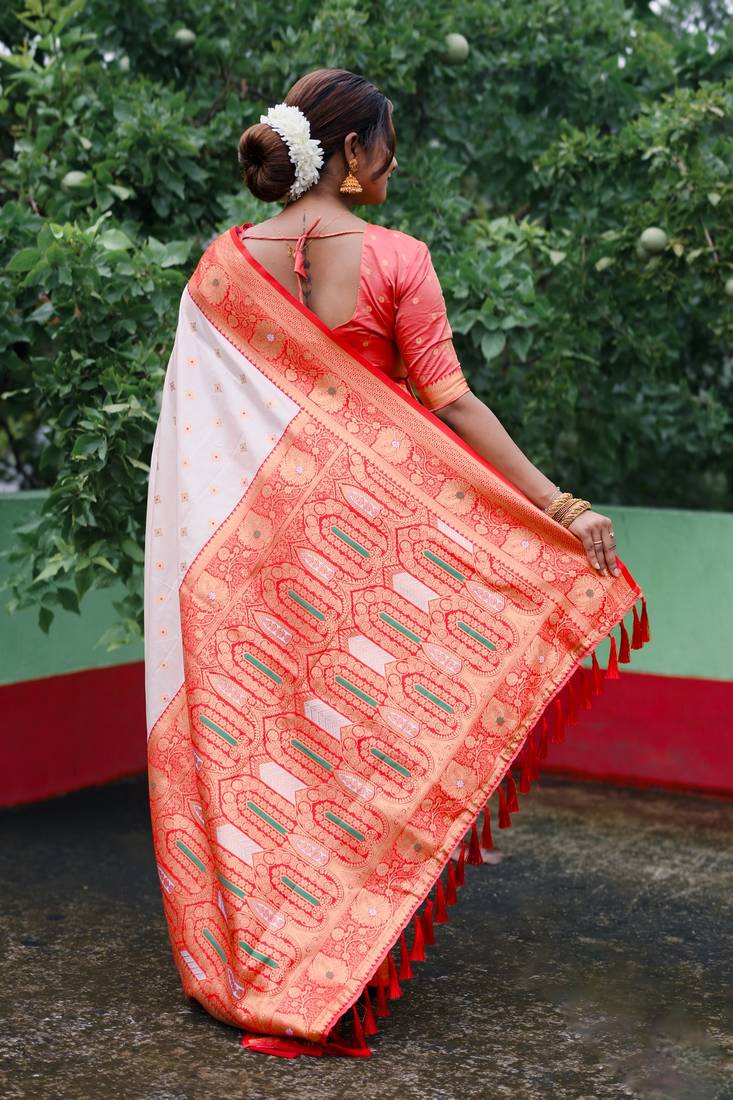 White red woven self design silk blend durga pooja saree with blouse