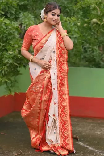 White red woven self design silk blend durga pooja saree with blouse