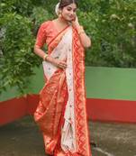 White red woven self design silk blend durga pooja saree with blouse