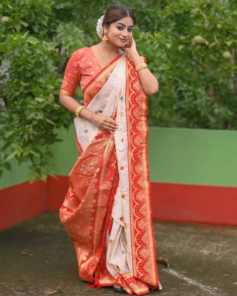 White red woven self design silk blend durga pooja saree with blouse