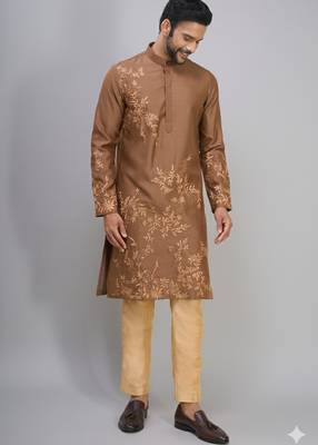 coffee silk kurta pant set with embroidered work 2