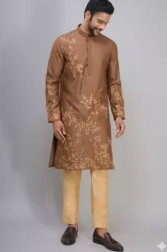 coffee silk kurta pant set with embroidered work