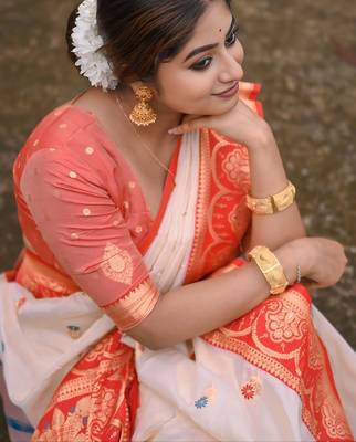 White red woven self design silk blend durga pooja saree with blouse 5