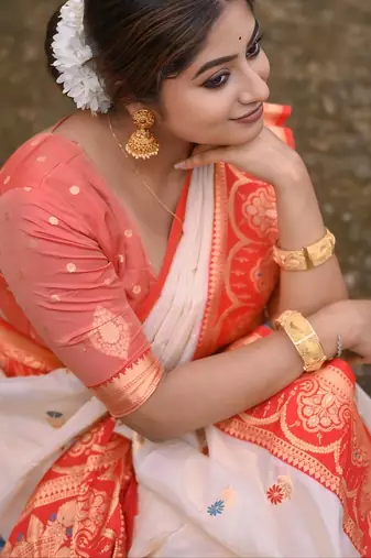 White red woven self design silk blend durga pooja saree with blouse