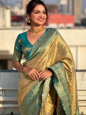 Beige woven self design embellished tissue kanjivaram saree with blouse 2
