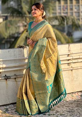 Beige woven self design embellished tissue kanjivaram saree with blouse 3