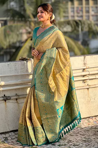Beige woven self design embellished tissue kanjivaram saree with blouse