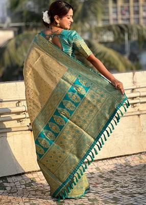 Beige woven self design embellished tissue kanjivaram saree with blouse 4