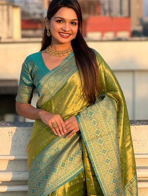 Green woven self design embellished tissue kanjivaram saree with blouse 2