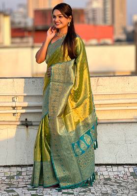 Green woven self design embellished tissue kanjivaram saree with blouse 3