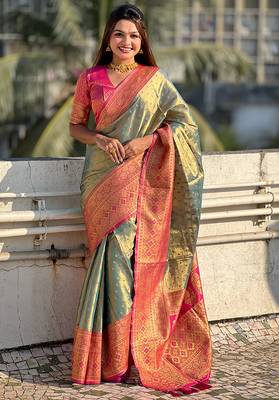 Grey woven self design embellished tissue kanjivaram saree with blouse 1