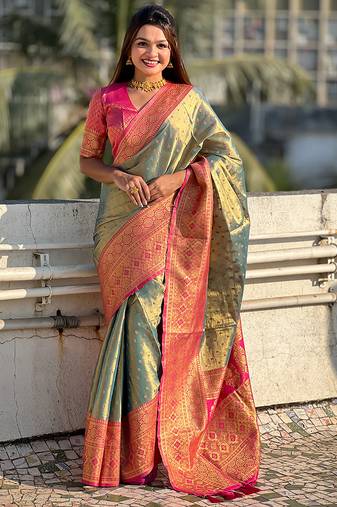 Grey woven self design embellished tissue kanjivaram saree with blouse