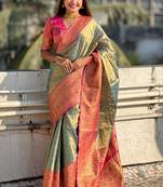 Grey woven self design embellished tissue kanjivaram saree with blouse
