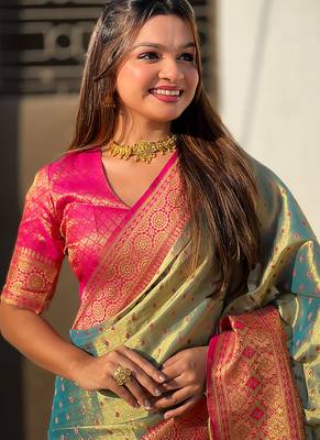 Grey woven self design embellished tissue kanjivaram saree with blouse 2
