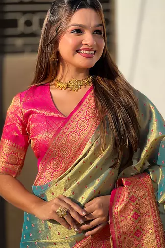 Grey woven self design embellished tissue kanjivaram saree with blouse