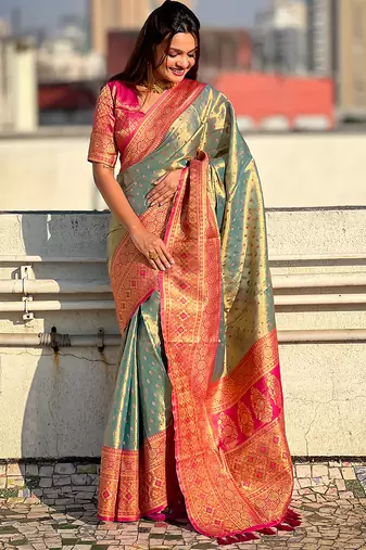 Grey woven self design embellished tissue kanjivaram saree with blouse