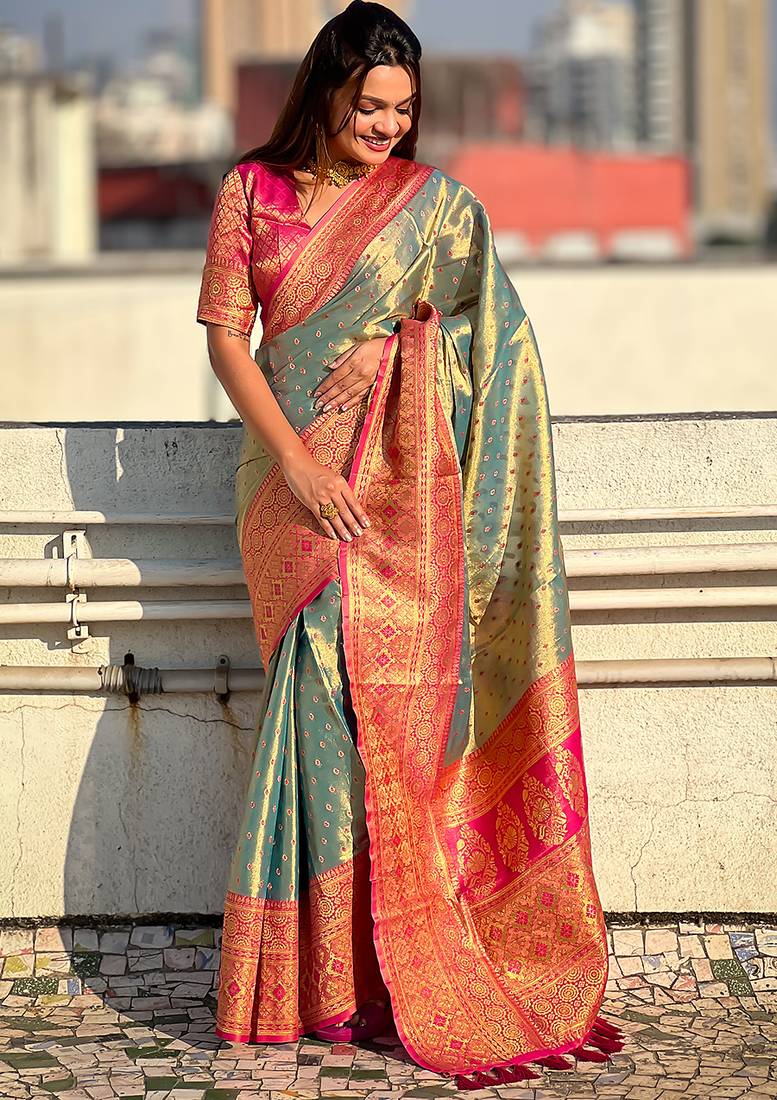 Grey woven self design embellished tissue kanjivaram saree with blouse