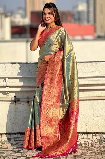 Grey woven self design embellished tissue kanjivaram saree with blouse