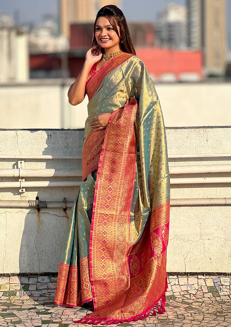 Grey woven self design embellished tissue kanjivaram saree with blouse