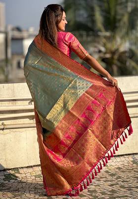 Grey woven self design embellished tissue kanjivaram saree with blouse 5
