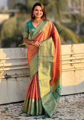 Pink woven self design embellished tissue kanjivaram saree with blouse 1