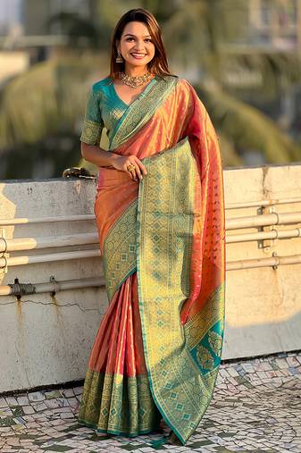 Pink woven self design embellished tissue kanjivaram saree with blouse